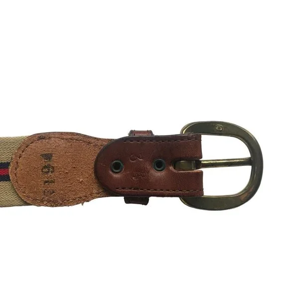 VINTAGE Preppy Belt Web Stripes Brass Leather Beige Blue Red 33 34 35 inch Mediu - Picture 4 of 7